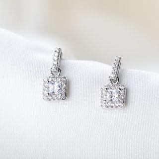 925 Sterling Silver Rhinestone Square Dangle Earring