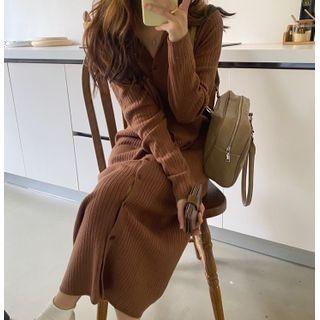 Collared Buttoned Midi Sheath Rib Knit Dress