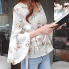 Bell-sleeve Floral Pattern Wrap Blouse