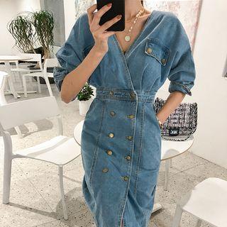 Double-button Denim Sheath Dress