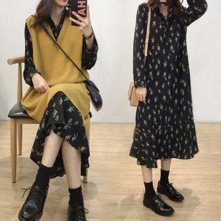 Long-sleeve Floral Print Midi A-line Dress / Knit Vest / Set