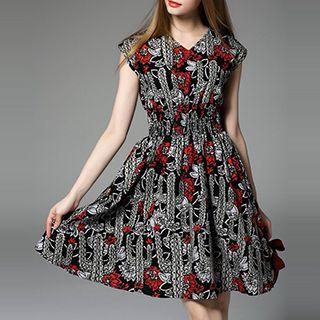 Printed V-neck Linen Cotton Sleeveless Dress