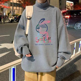 Turtleneck Print Fleece-lined Sweater