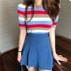 Striped Short Sleeve Knit T-shirt / Plain Pleated Skirt