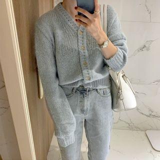 Long-sleeve Buttoned Knit Top Blue - One Size
