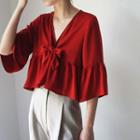 Elbow-sleeve Ruffle-trim Cropped Blouse