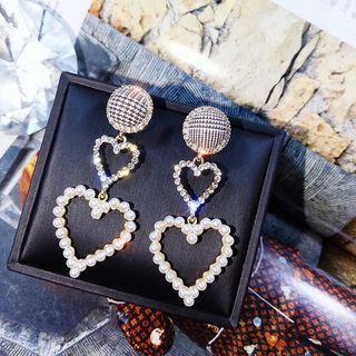 Plaid Disc Faux Pearl Heart Dangle Earring Rhinestone Heart & Faux Pearl Heart - One Size