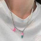 Faux Pearl Chain Necklace White & Silver & Pink - One Size