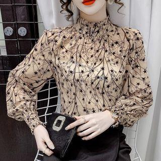 Puff-sleeve Mock-turtleneck Long-sleeve Star Print Top