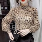 Puff-sleeve Mock-turtleneck Long-sleeve Star Print Top