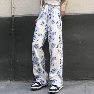 Rose Print Straight Cut Pants