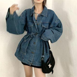 Long-sleeve Denim Tie-waist Jacket As Shown In Figure - One Size