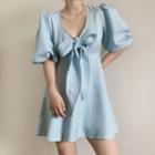 Short-sleeve V-neck Bow Mini A-line Dress