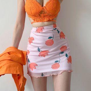 Floral Print Mesh Pencil Skirt