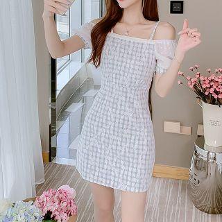 Cold-shoulder Lace Gingham Mini Sheath Dress