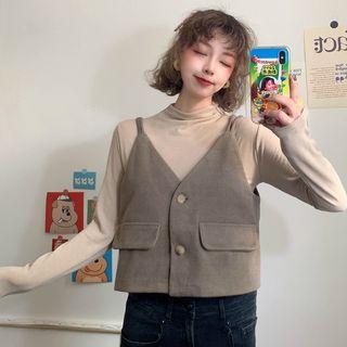 Long-sleeve Plain Top / Buttoned Vest