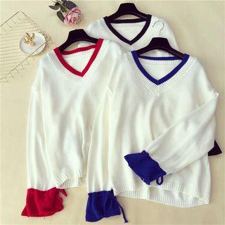 Contrast Trim Long-sleeve V Neck Knit Top