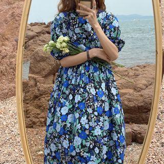 Puff-sleeve Loose Fit Floral Dress Blue - One Size