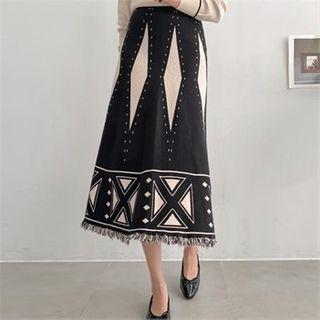 Fringe-hem Patterned Knit Skirt