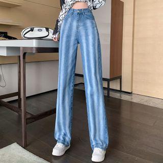 Long-sleeve Lettering Slim-fit Top / Washed High-waist Jeans