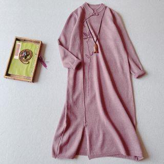 Long-sleeve Knit Floral Embroidered Midi Shift Cheongsam Dress
