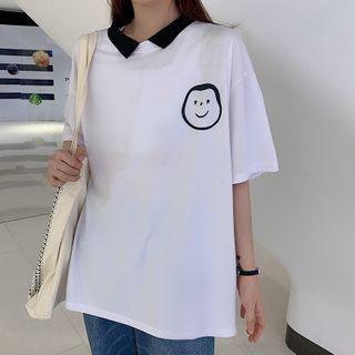 Contrast Collar Smiley Face Print Elbow-sleeve T-shirt