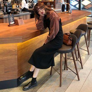 Long-sleeve Shirt / Spaghetti Strap Midi Pinafore Dress