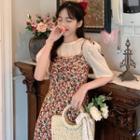 Short-sleeve Chiffon Top / Spaghetti Strap Floral Print A-line Midi Dress