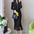 Set: V-neck Lace Trim Cardigan + Midi Pencil Skirt Set - Black - One Size