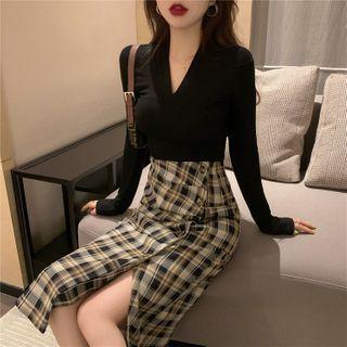 Long-sleeve V-neck Plain Top / High-waist Plaid Slit Skirt