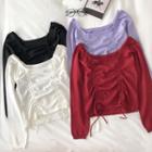 Plain Square-neck Drawcord Long-sleeve Top
