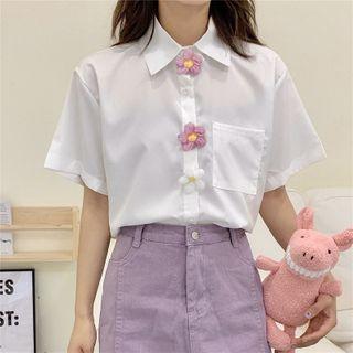 Floral Brooch Pocket-front Short-sleeve Shirt