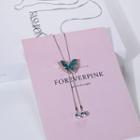 Butterfly Rhinestone Pendant Alloy Necklace Aqua Blue Butterfly - Silver - One Size
