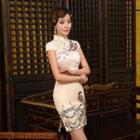 Cap-sleeve Bird Print Mini Qipao