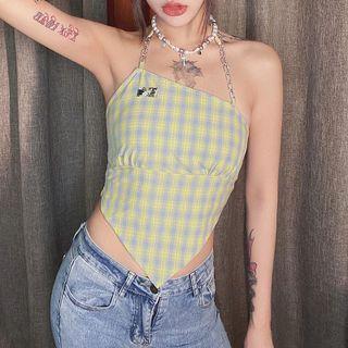 Plaid Chain Strap Cropped Halter Top