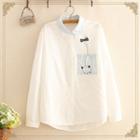 Pocket-front Cat Embroidered Long-sleeve Shirt