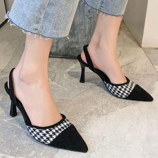 Pointed Houndstooth Kitten Heel Slingback Mules
