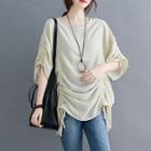 Drawstring Ruched Elbow-sleeve Blouse Almond - One Size