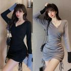 V-neck Drawstring Shirred Mini Bodycon Dress