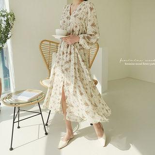 V-neck Floral Chiffon Maxi Shirtdress Beige - One Size