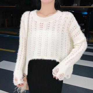 Long-sleeve Asymmetric Perforated Cropped Knit Top / Midi Skirt