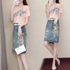 Floral Short-sleeve T-shirt / Mini Denim Skirt