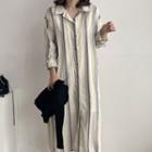 Long-sleeve Striped Shirt Dress White - One Size