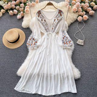 V-neck Embroidered Flower Puff-sleeve Dress