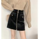 Furry Zip-up A-line Skirt