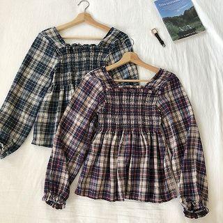 Color-block Plaid Square-neck Frilled Blouse