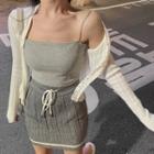 Long-sleeve Knit Cardigan / Plain Camisole Top / Drawstring Knit Skirt