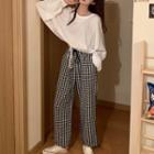 Drawstring Long Sleeve Crop Top / Plaid Pants
