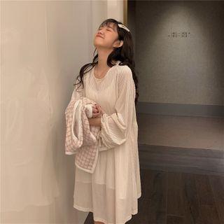 Long-sleeve Midi A-line Dress / Plaid Vest