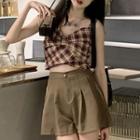 Plaid Bow-front Cropped Camisole Top / Pleated Mini A-line Skort
